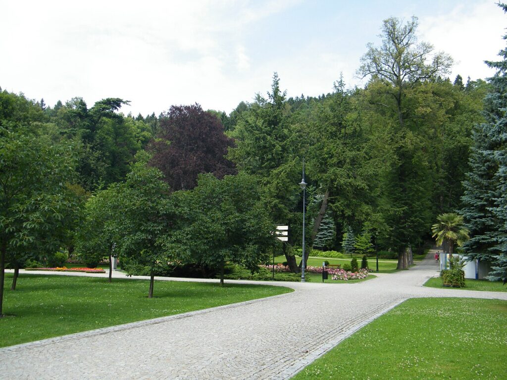Park Zdrojowy w Kudowie-Zdroju z alejkami spacerowymi i zielenią uzdrowiskową